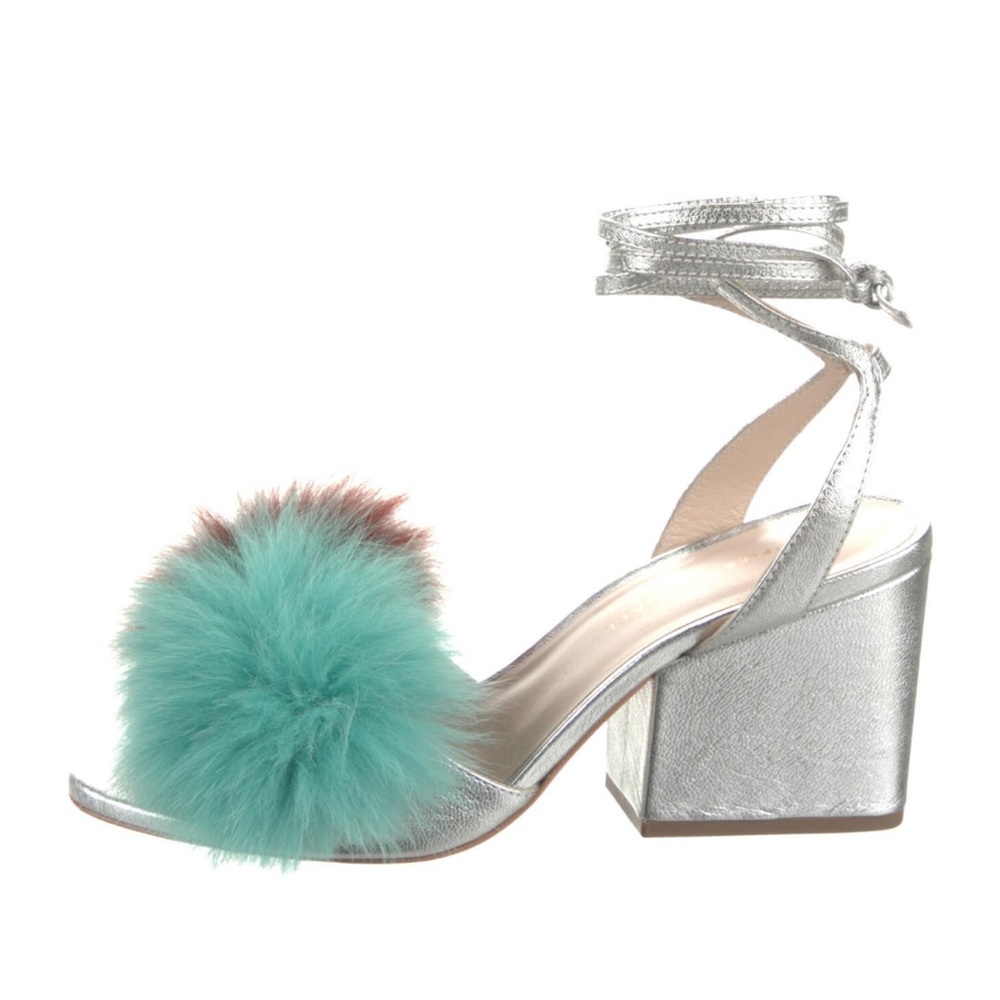 $495 NEW Loeffler Randall Nicky fur pom pom fur silver leather chunky heel 7 7.5 - Picture 6 of 10